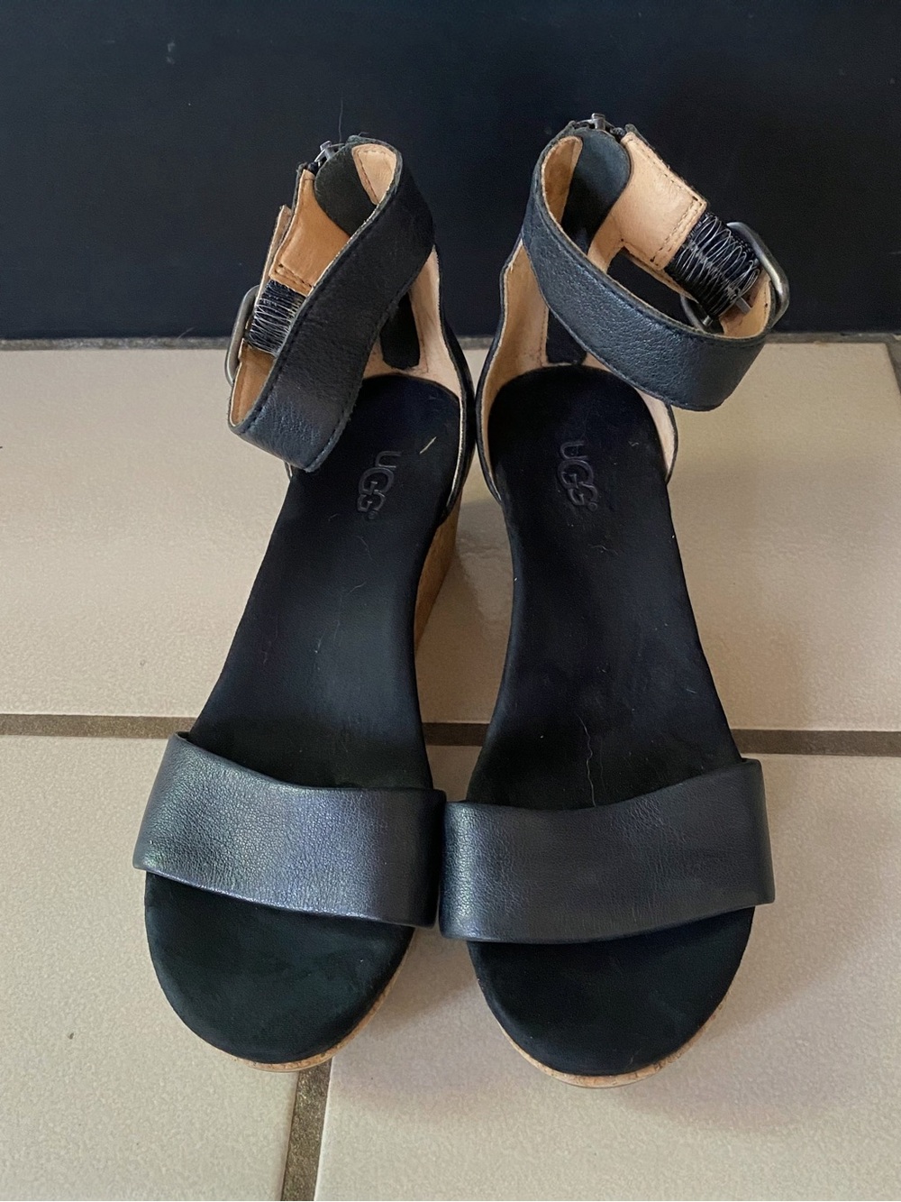 UGG Black Leather Ankle-Strap Wedge Sandals